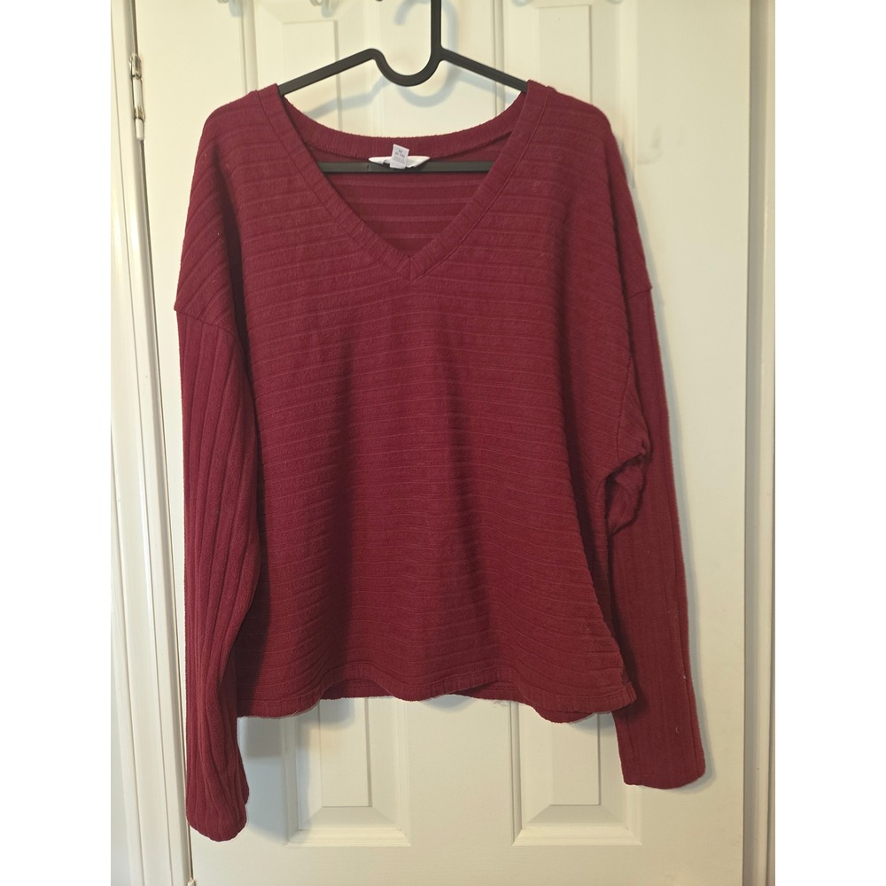 Time and Tru Womens Burgundy Ribbed V-Neck Long Sleeve Top Size M 8-10